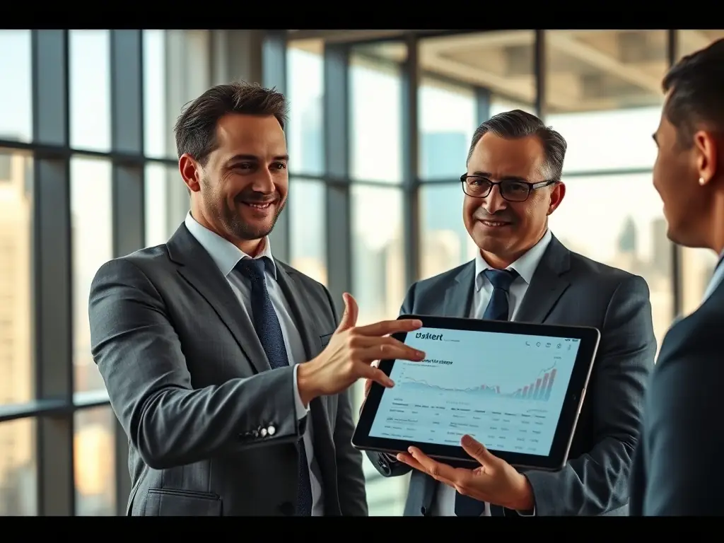 A professional broker discussing investment options with a client in a modern office.