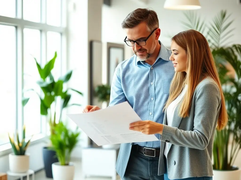 A broker assisting a client with paperwork in a bright office.