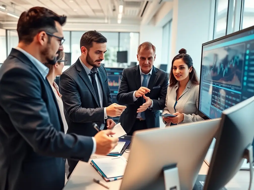 A team of brokers analyzing market trends on a digital screen.